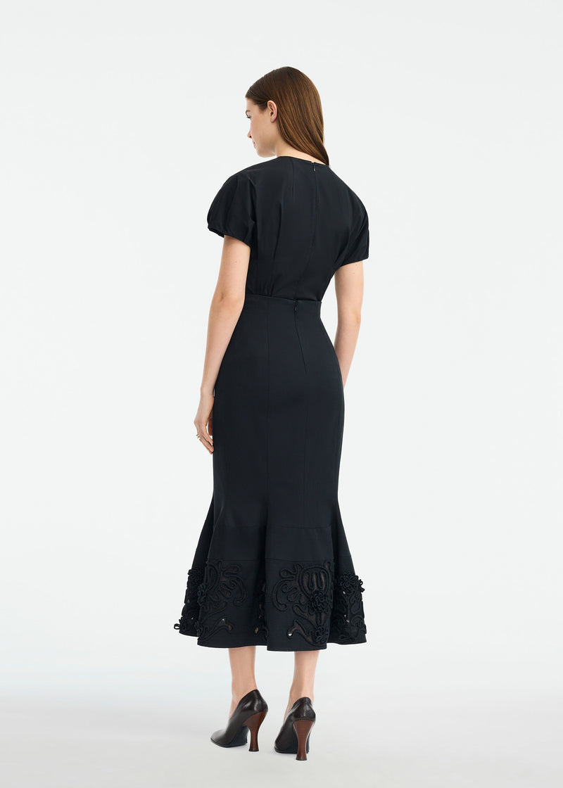 Cord Embroidered Stretch Cotton Trumpet Skirt