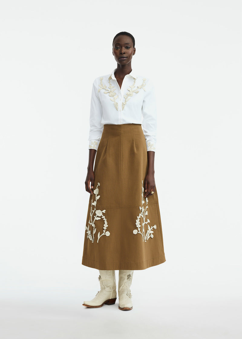 Leather Floral Embroidered Rustic Stretch Cotton Skirt