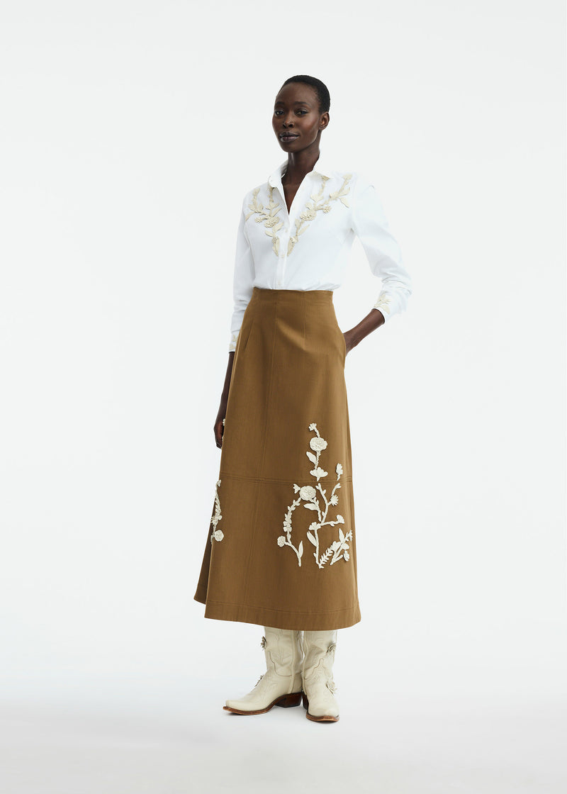 Leather Floral Embroidered Rustic Stretch Cotton Skirt