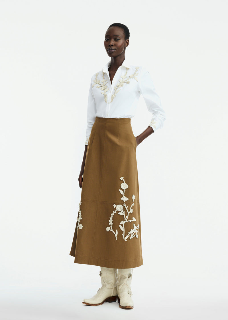 Leather Floral Embroidered Rustic Stretch Cotton Skirt
