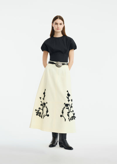 Leather Floral Embroidered Rustic Stretch Cotton Skirt