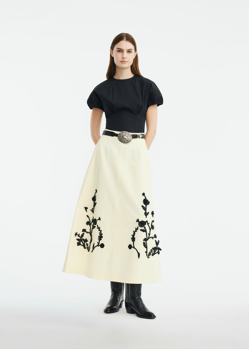 Leather Floral Embroidered Rustic Stretch Cotton Skirt