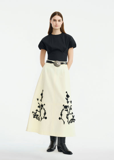 Leather Floral Embroidered Rustic Stretch Cotton Skirt