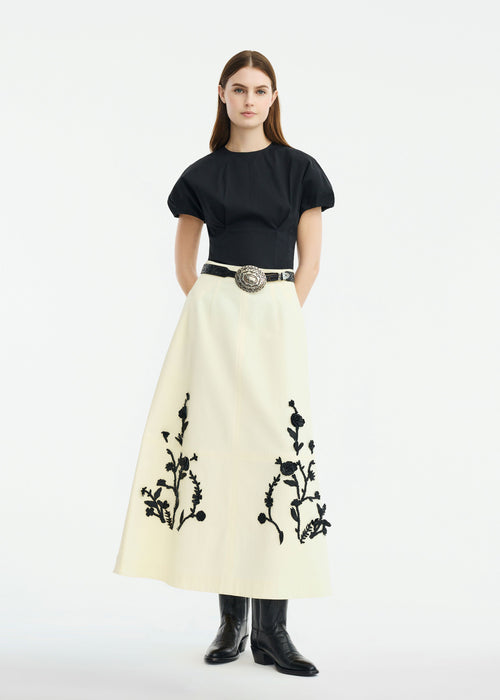 Leather Floral Embroidered Rustic Stretch Cotton Skirt