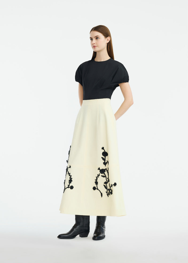 Leather Floral Embroidered Rustic Stretch Cotton Skirt