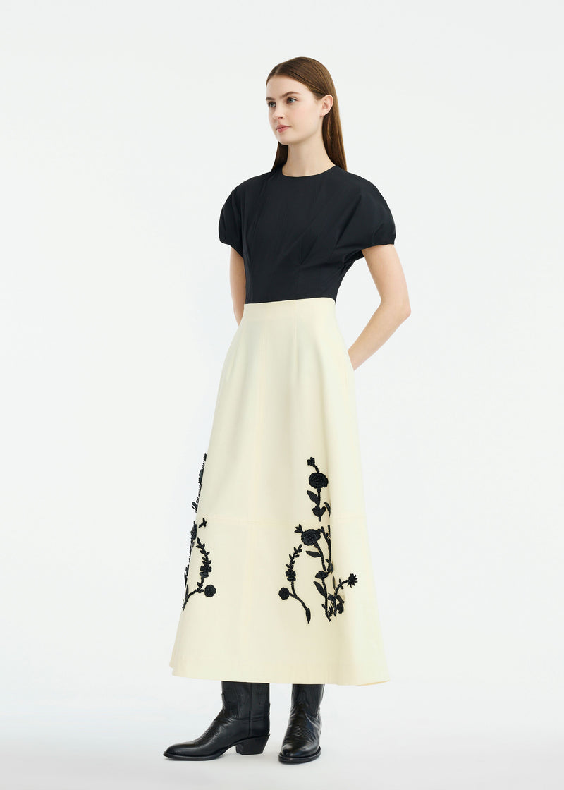 Leather Floral Embroidered Rustic Stretch Cotton Skirt