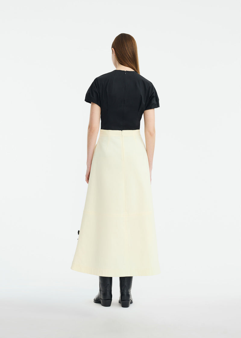 Leather Floral Embroidered Rustic Stretch Cotton Skirt