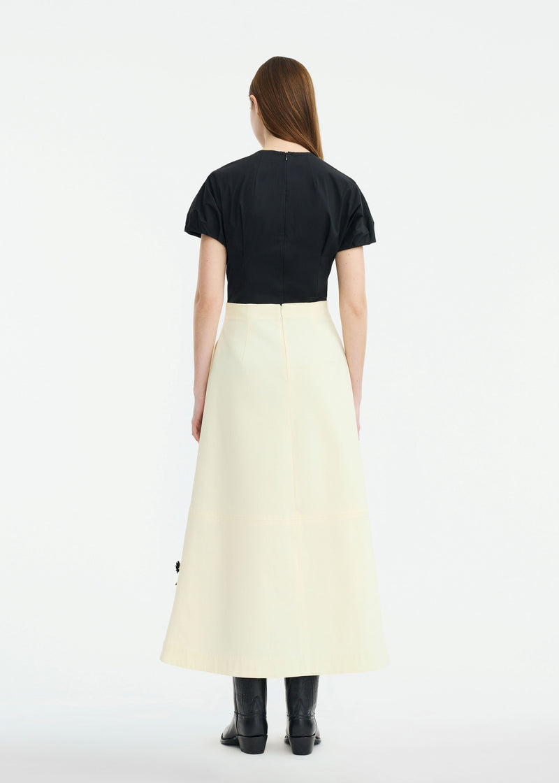 Leather Floral Embroidered Rustic Stretch Cotton Skirt