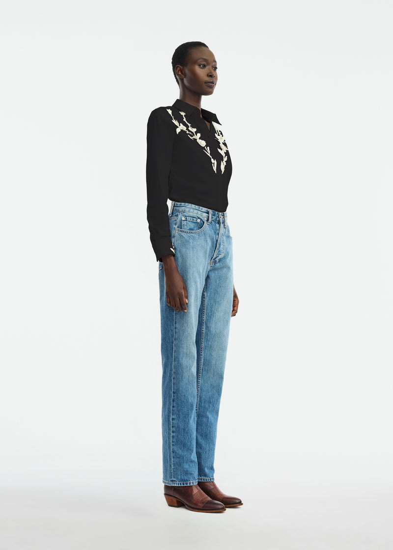 Leather Floral Embroidered Cotton Poplin Shirt