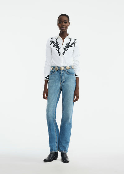 Leather Floral Embroidered Cotton Poplin Shirt