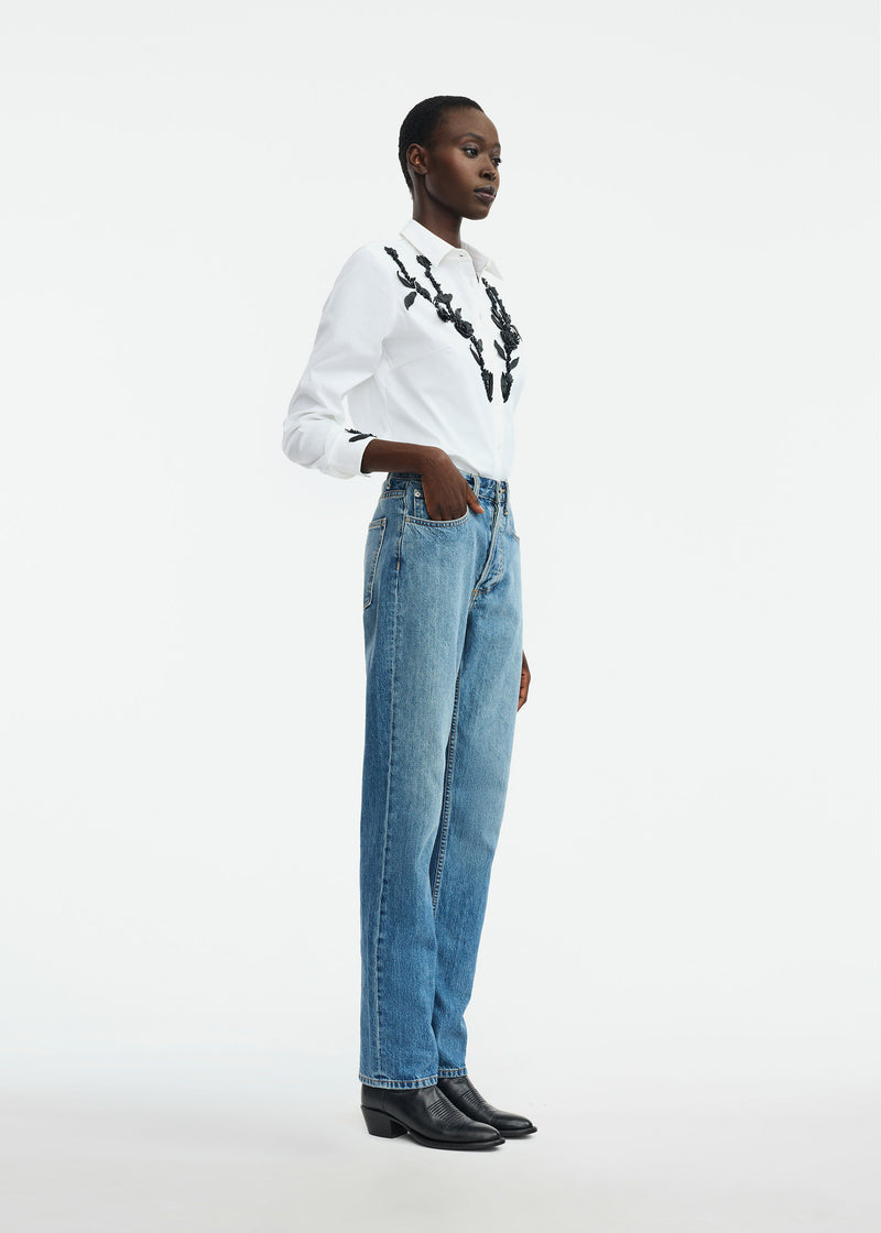 Leather Floral Embroidered Cotton Poplin Shirt