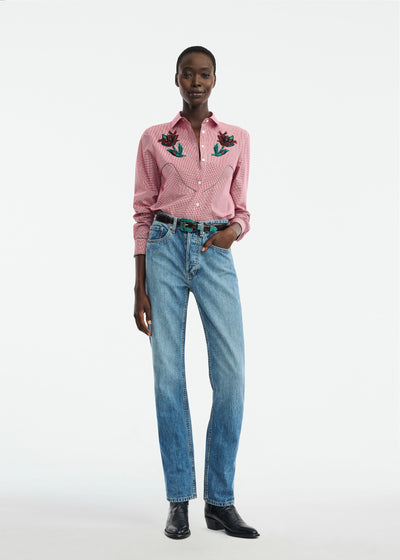Floral Bead Embroidered Mini Check Cotton Shirt