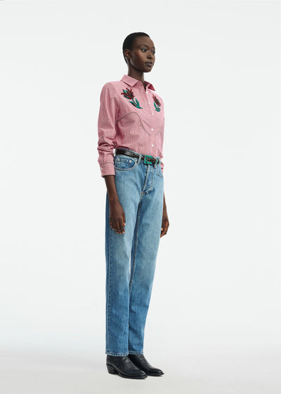 Floral Bead Embroidered Mini Check Cotton Shirt
