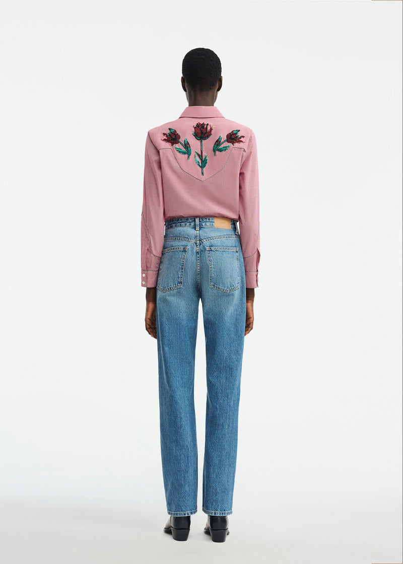 Floral Bead Embroidered Mini Check Cotton Shirt