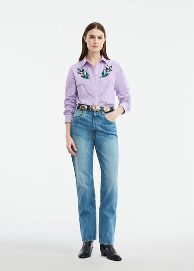 Floral Bead Embroidered Mini Check Cotton Shirt
