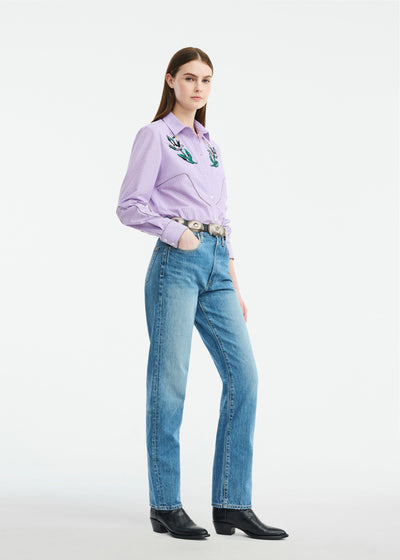 Floral Bead Embroidered Mini Check Cotton Shirt