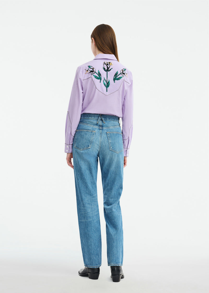 Floral Bead Embroidered Mini Check Cotton Shirt