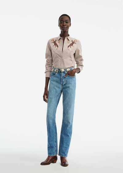 Fox Embroidered Mini Check Cotton Shirt