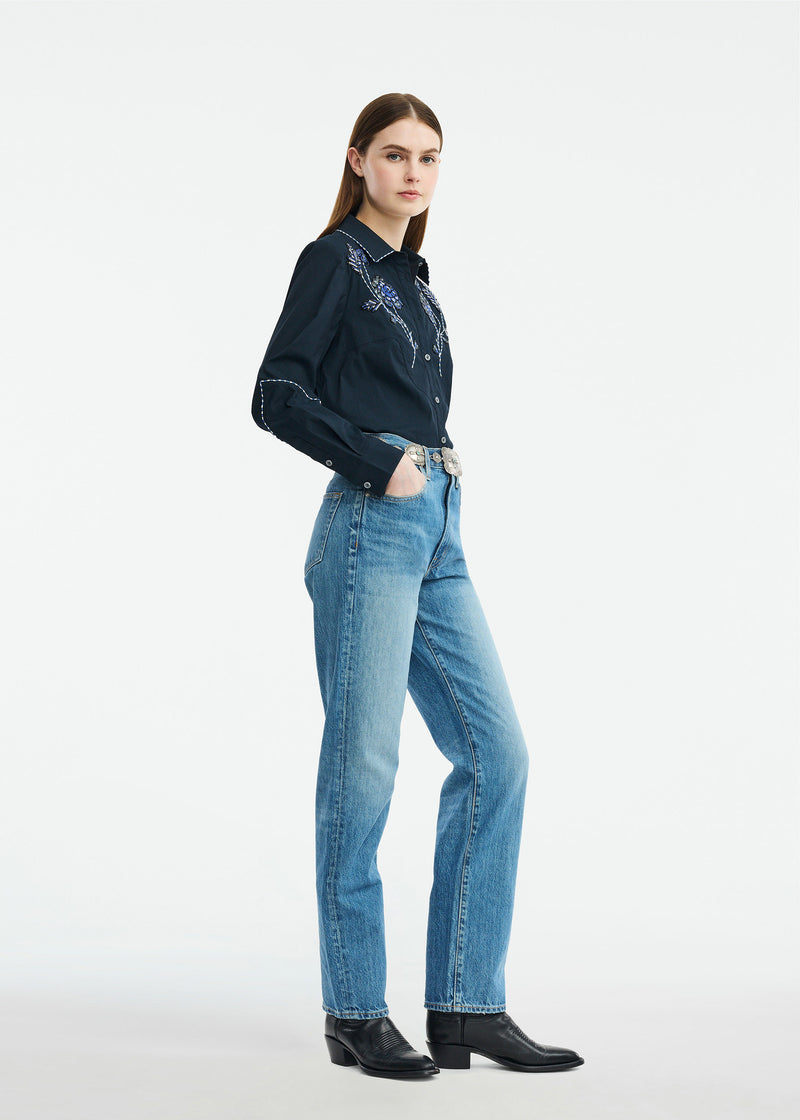 Floral Bugle Embroidered Cotton Poplin Shirt