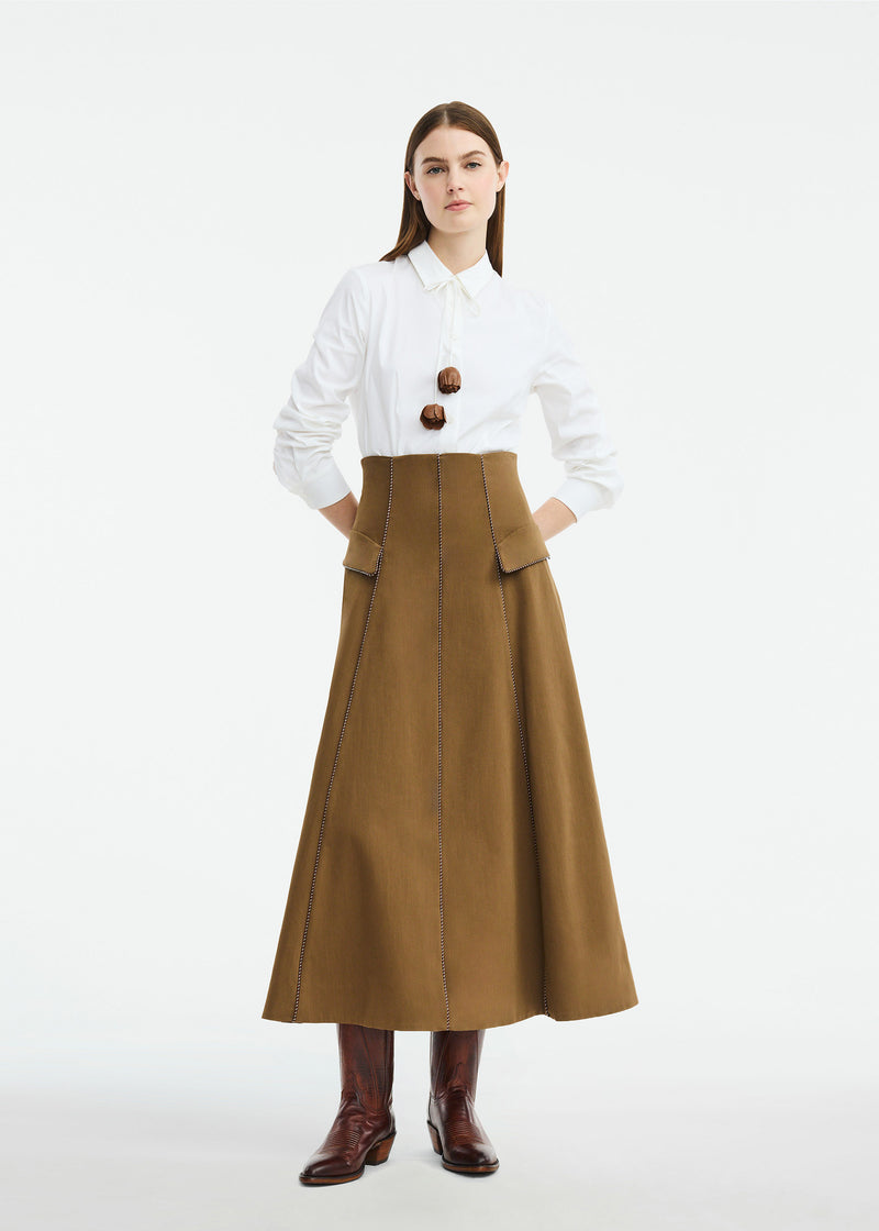 Rustic Stretch Cotton Leather Trim Skirt
