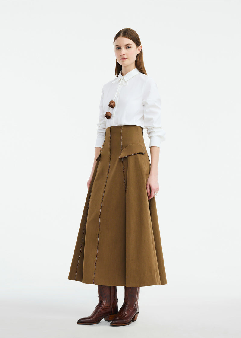 Rustic Stretch Cotton Leather Trim Skirt