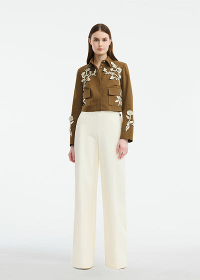 Leather Floral Embroidered Rustic Stretch Cotton Jacket
