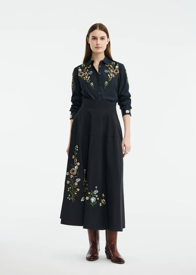 Floral Thread Embroidered Cotton Poplin Skirt