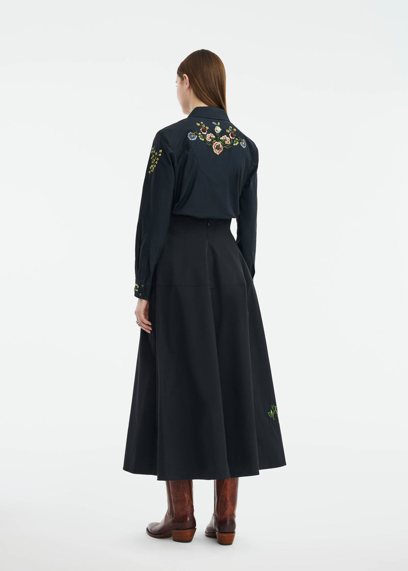Floral Thread Embroidered Cotton Poplin Skirt
