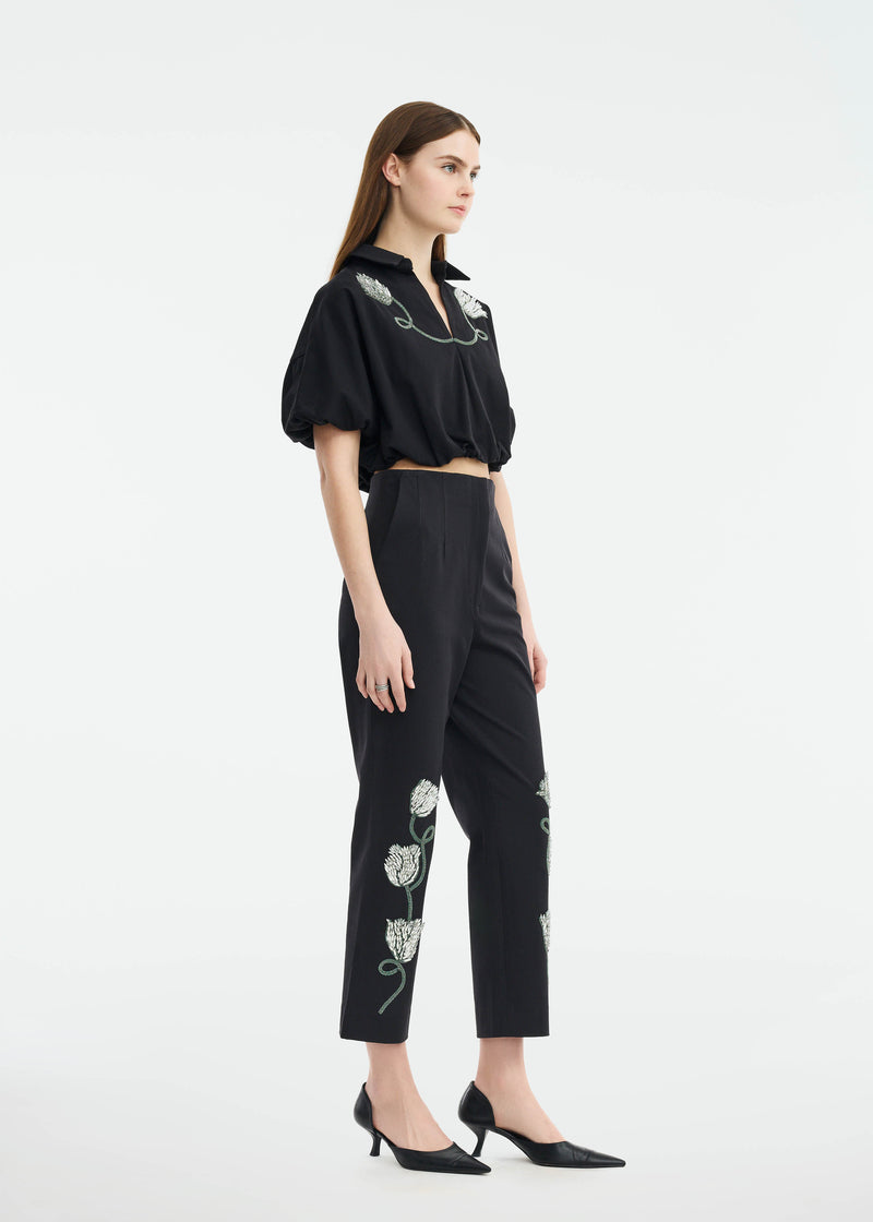 Tulip Crystal Embroidered Stretch Cotton Pant