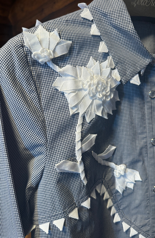 Checked Poplin Grosgrain Floral Embroidered Shirt