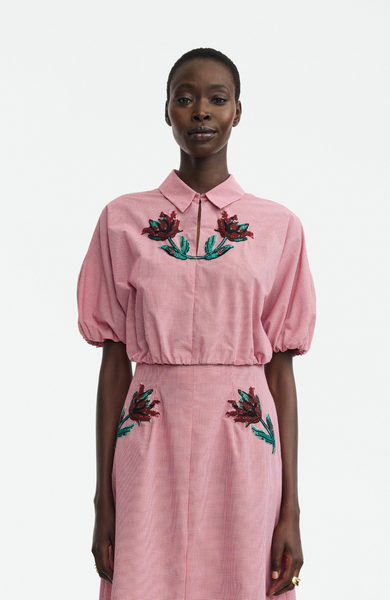 Floral Bead Embroidered Mini Check Cotton Top – Lela Rose