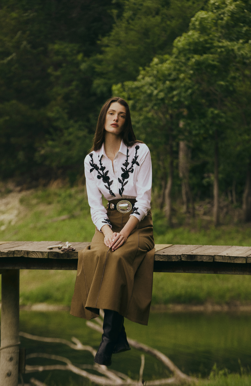 Leather Floral Embroidered Cotton Poplin Shirt
