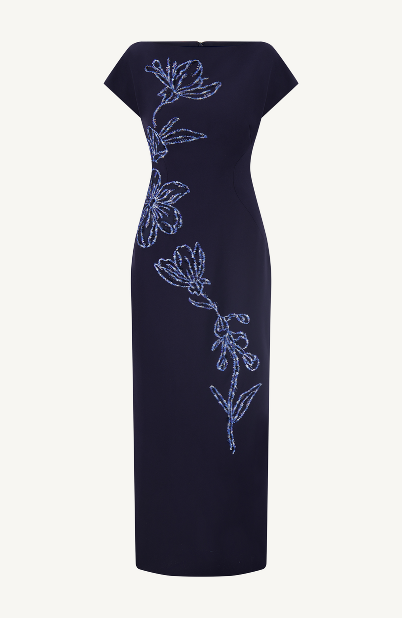 Ikat Floral Embroidered Fluid Crepe Dress