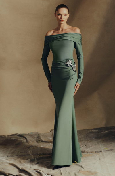 3D Metallic Embroidered Satin Jersey Draped Gown