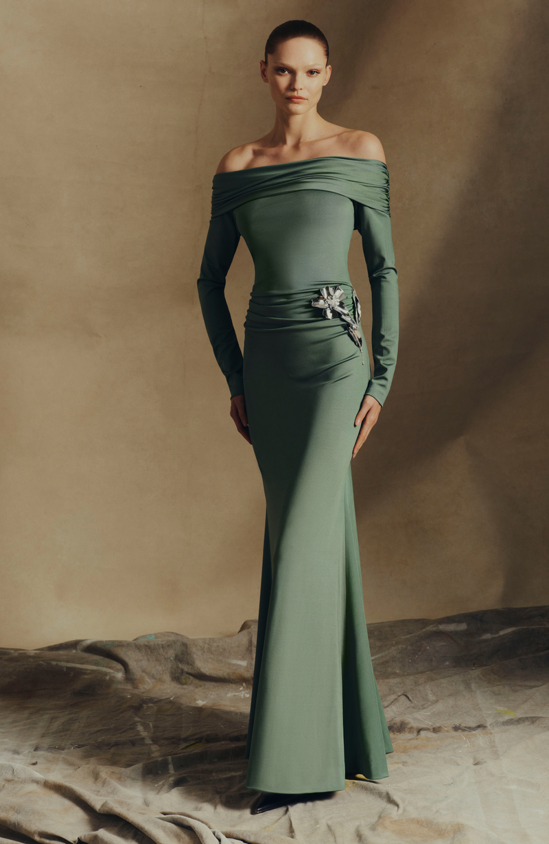 lela rose metallic dress 3D Embroidered Satin Jersey Draped Gown Sage/Silver / 18 / F269642 colour_emerald Color:FLOURITE functional touch so you All Birthday Dresses |