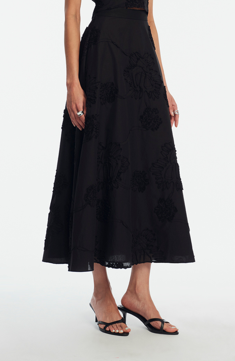 Ribbon Embroidered Cotton Full Skirt