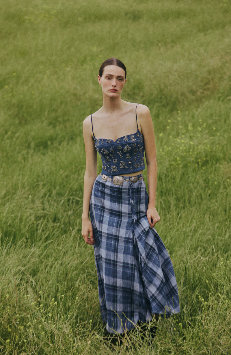 Plaid Linen Fringe Skirt