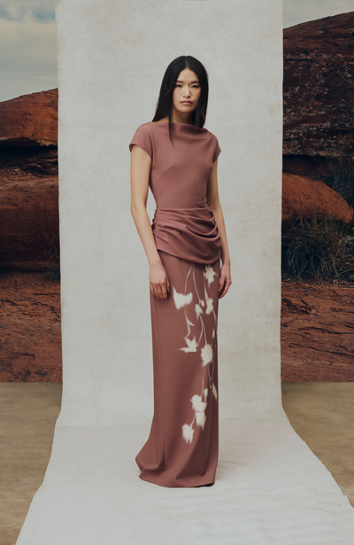 Floral Crepe Boat Neck Gown