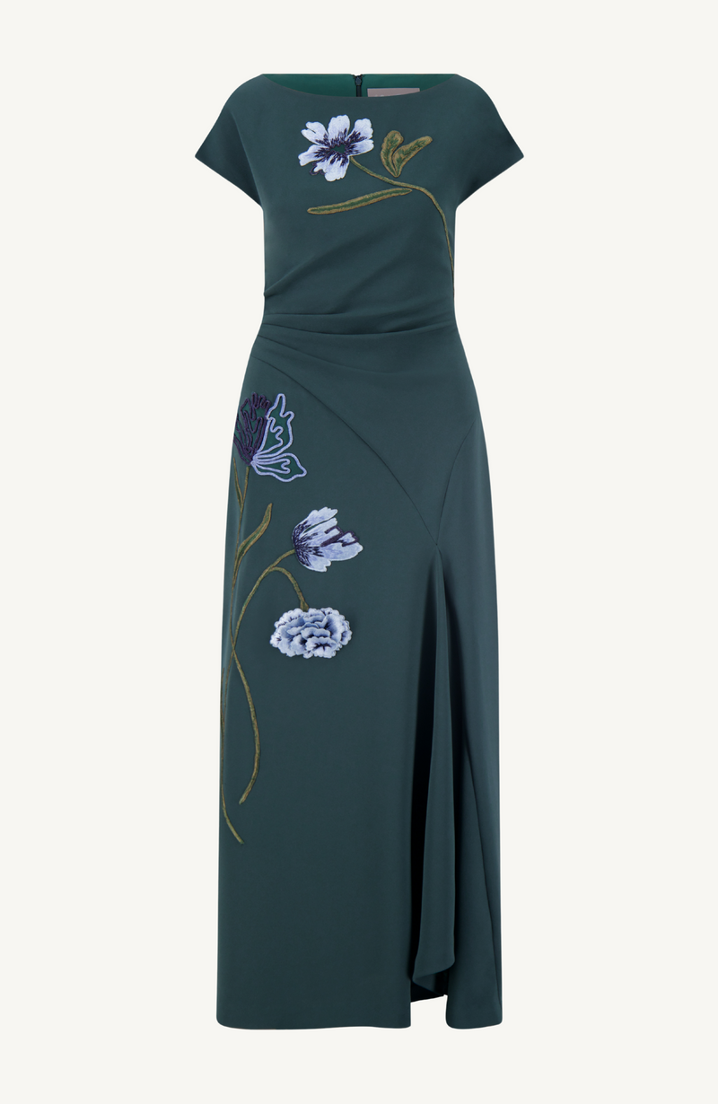 Floral Cord Embroidered Fluid Crepe Cascade Dress