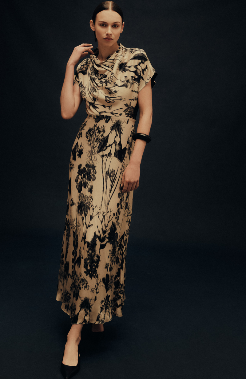 Lela Rose Floral Satin Cowl Neck Dress - Brown Lela Rose Floral Satin Cowl Neck Dress - Brown