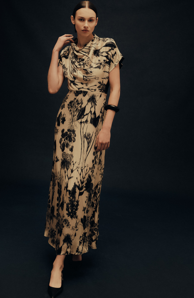 Floral Satin Cowl Neck Dress