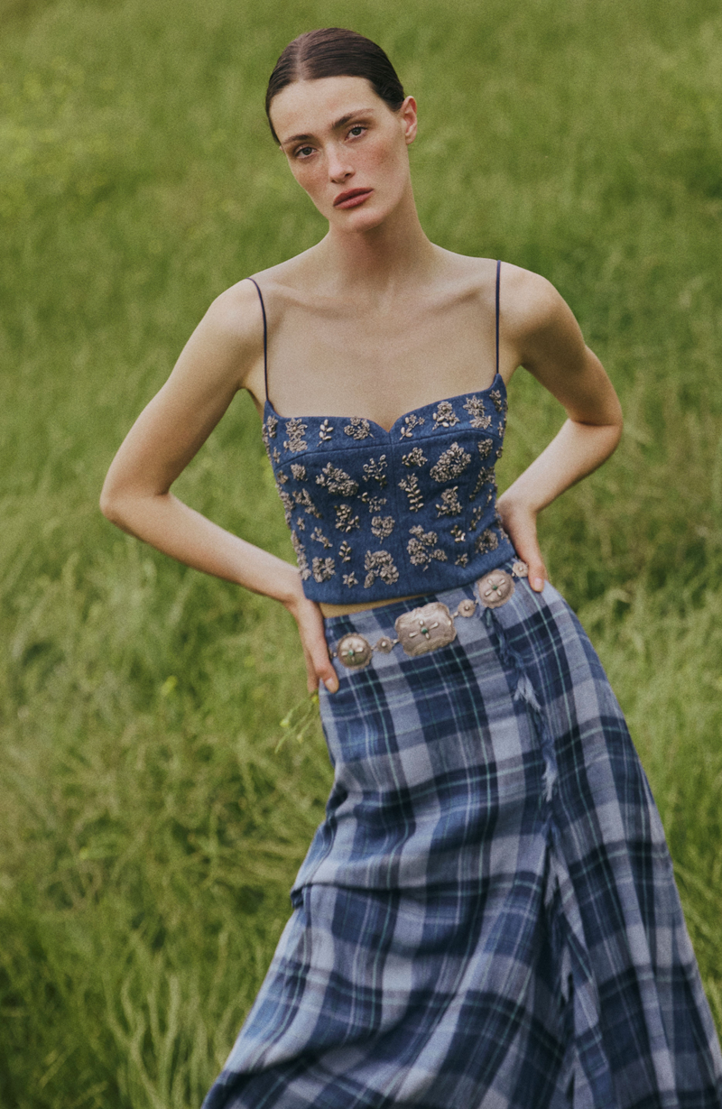 Denim Metallic Embroidered Bustier