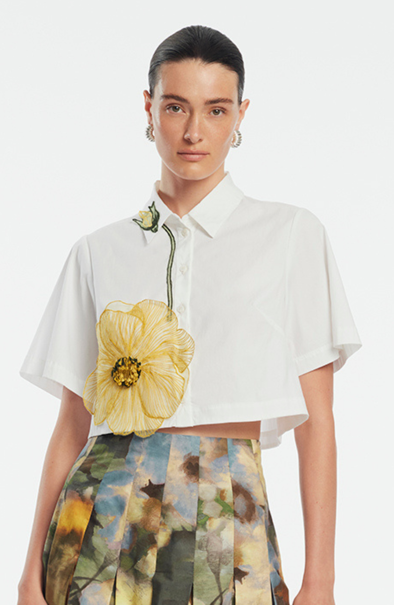 Peony Embroidered Cotton Poplin Cropped Shirt