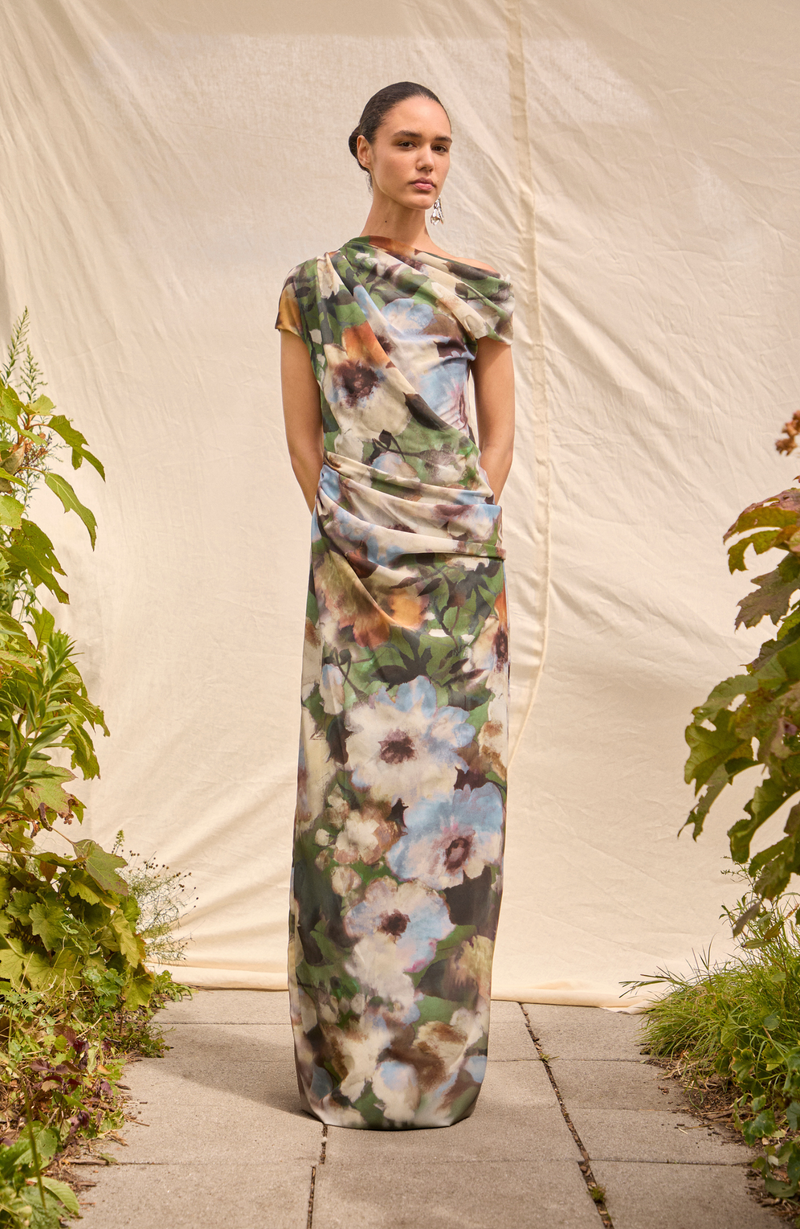 patterned chiffon dress Lela Rose Printed Chiffon Draped Column Gown