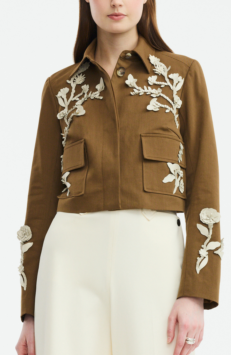 Leather Floral Embroidered Rustic Stretch Cotton Jacket