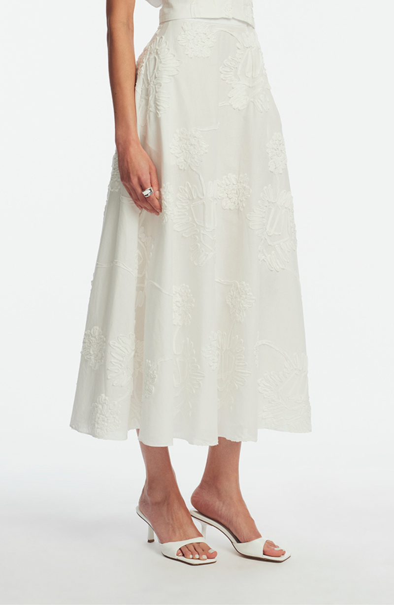 Ribbon Embroidered Cotton Full Skirt
