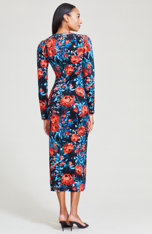 Floral Printed Knit Long Sleeve Midi Dress