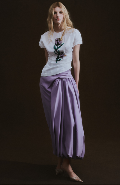 Floral Bead Embroidered Cotton Poplin Bubble Sleeve Top