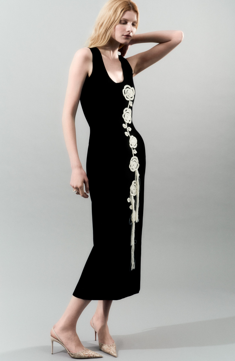 Lela Rose Crochet Appliqu Knit Dress - Black