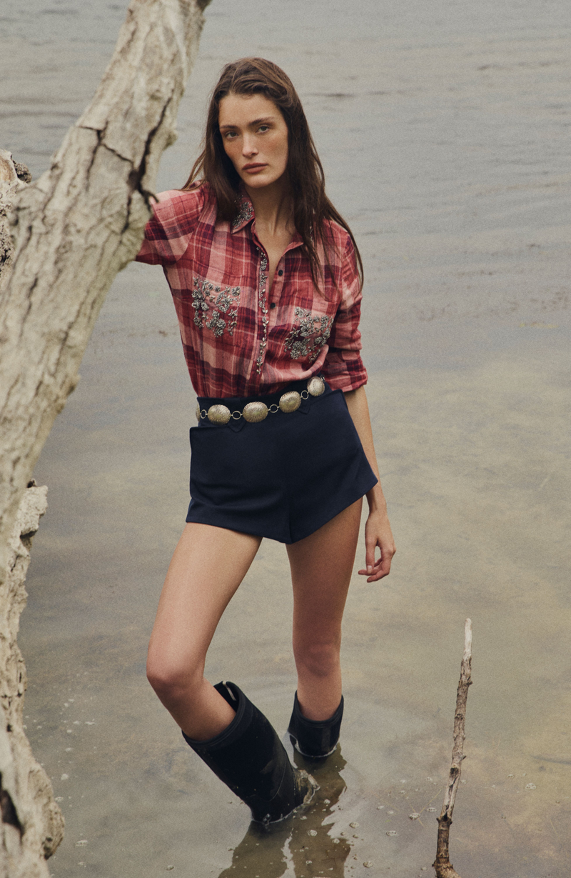Plaid Linen Metallic Embroidered Shirt